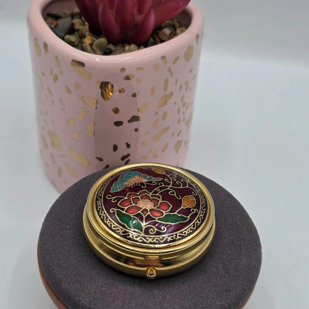 Vintage Cloisonne Pill Box Round Floral Butterfly Organizer Small Jewelry Holder
